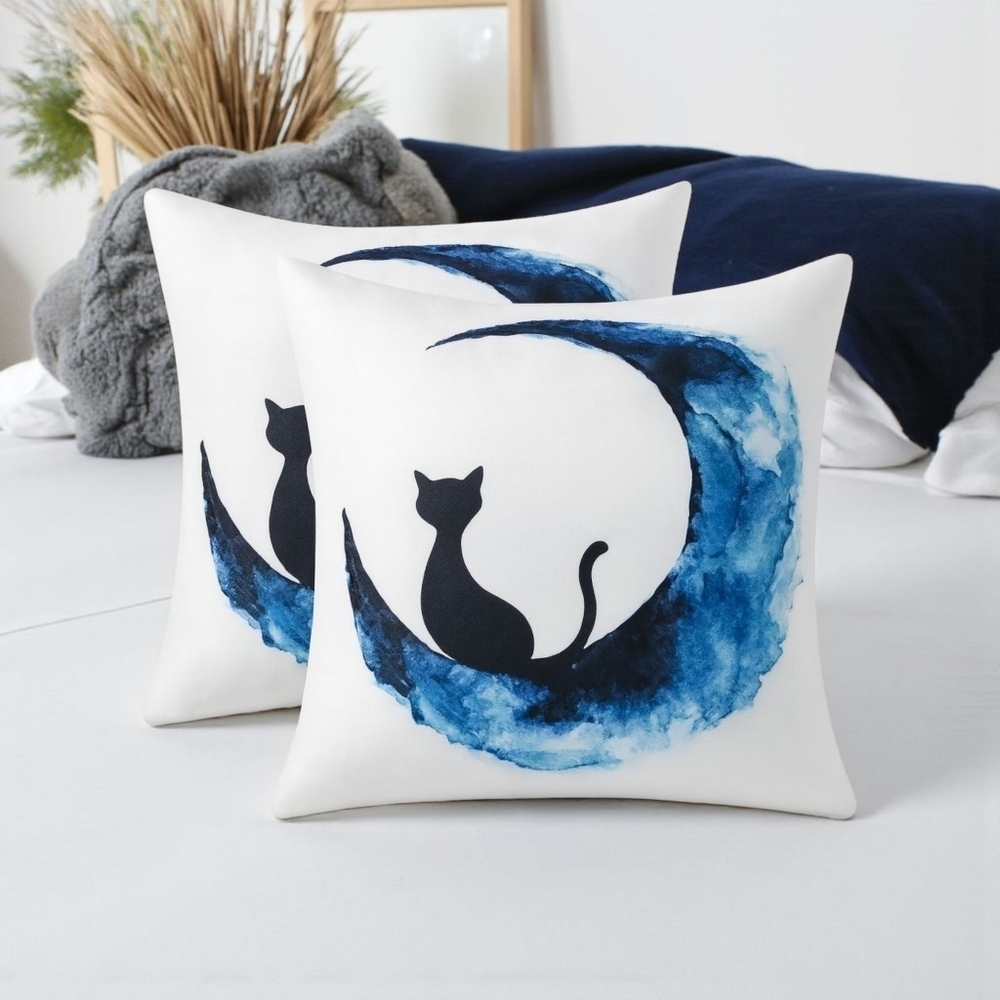 Whimsical Black Cat Moon Cushion Covers 18x18 Set of 2 Zippered Polyester